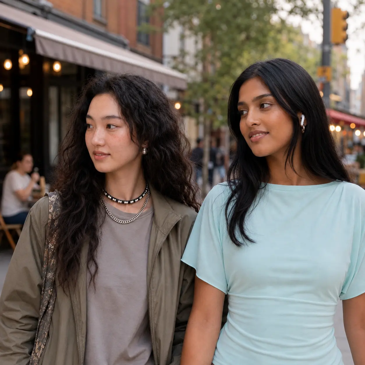 Friends walking through London streets with earbuds in
