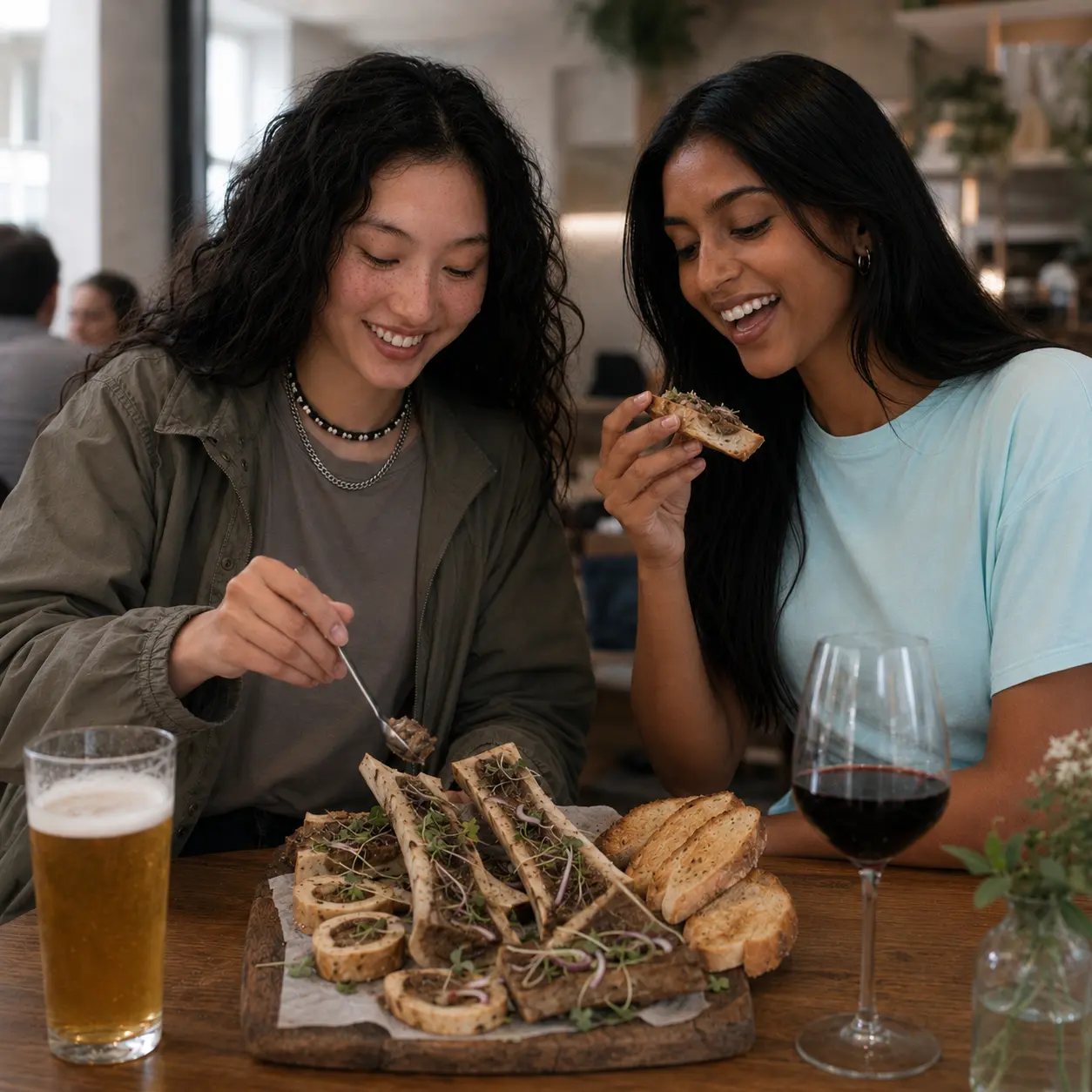 Friends sharing a plate of food in a candlelit restaurant