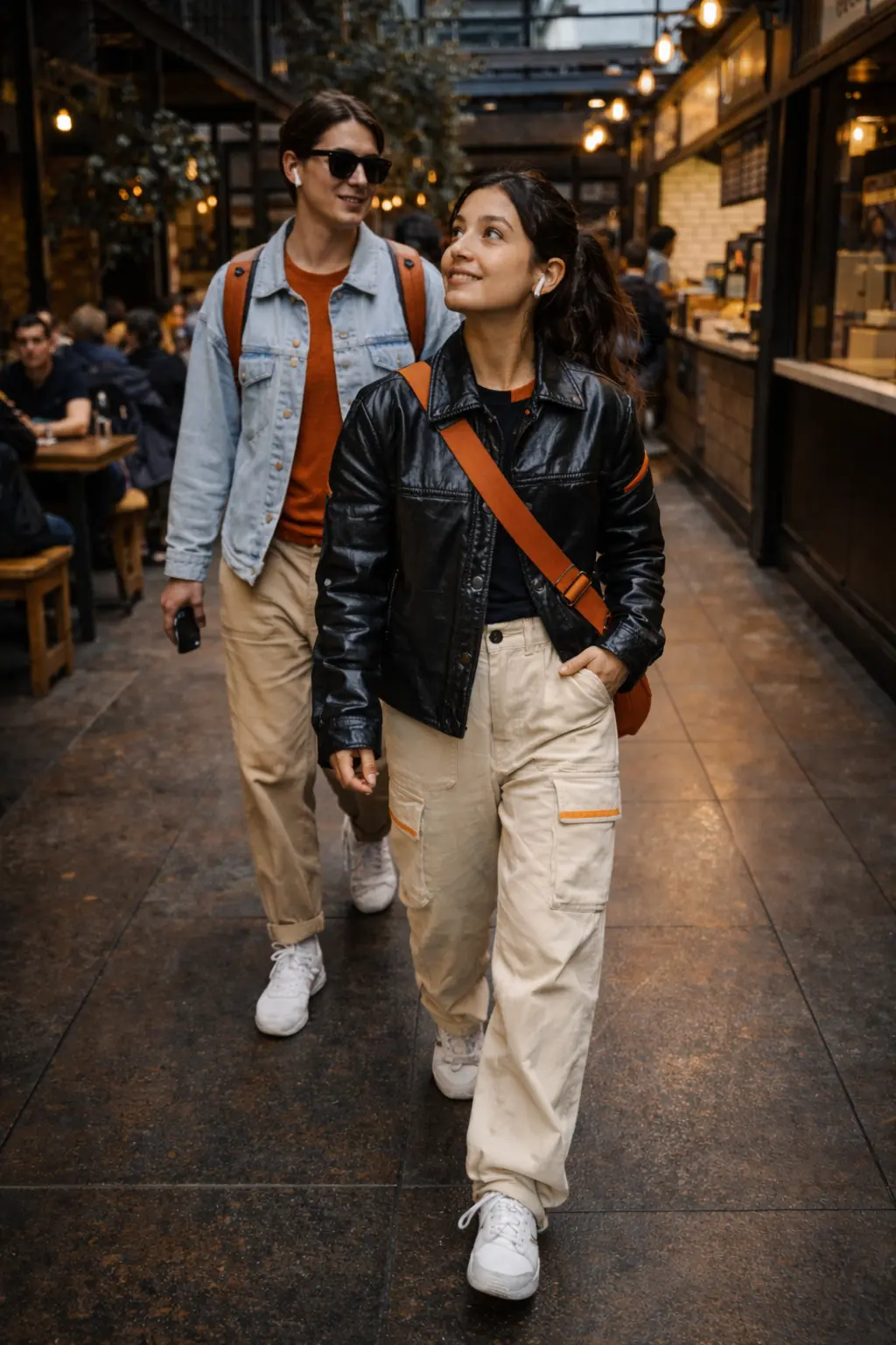 Couple walking through a London food market
